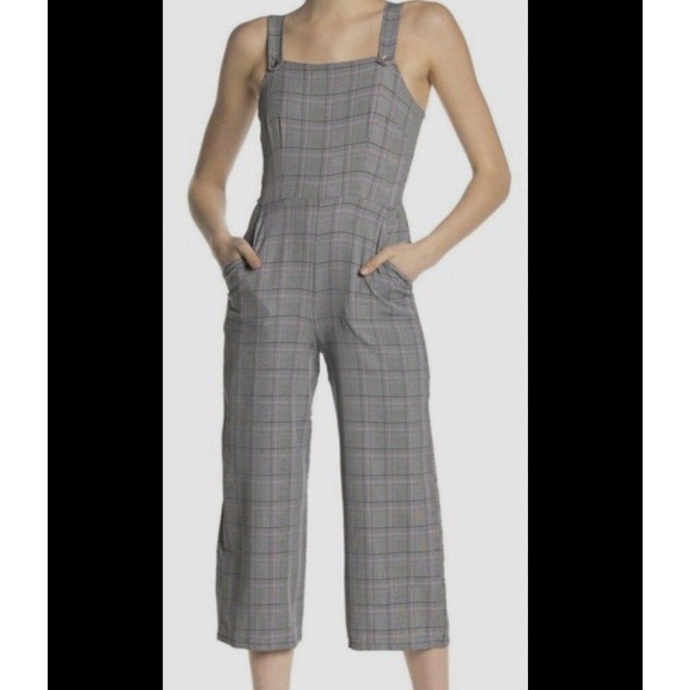 Bebop Juniors' Gray Sleeveless Yarn Dye Menswear Coverall Jumpsuit Size M $190